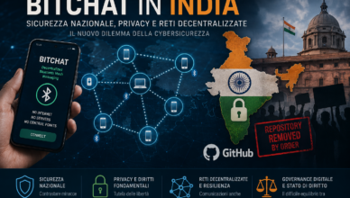 Illustrazione concettuale raffigurante una rete mesh Bluetooth decentralizzata che collega dispositivi mobili senza Internet né server centrali. L'immagine rappresenta il dibattito tra sicurezza nazionale, privacy, resilienza delle comunicazioni e governance del cyberspazio nato dal caso BitChat in India.