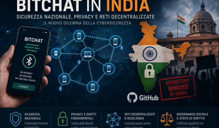 Illustrazione concettuale raffigurante una rete mesh Bluetooth decentralizzata che collega dispositivi mobili senza Internet né server centrali. L'immagine rappresenta il dibattito tra sicurezza nazionale, privacy, resilienza delle comunicazioni e governance del cyberspazio nato dal caso BitChat in India.