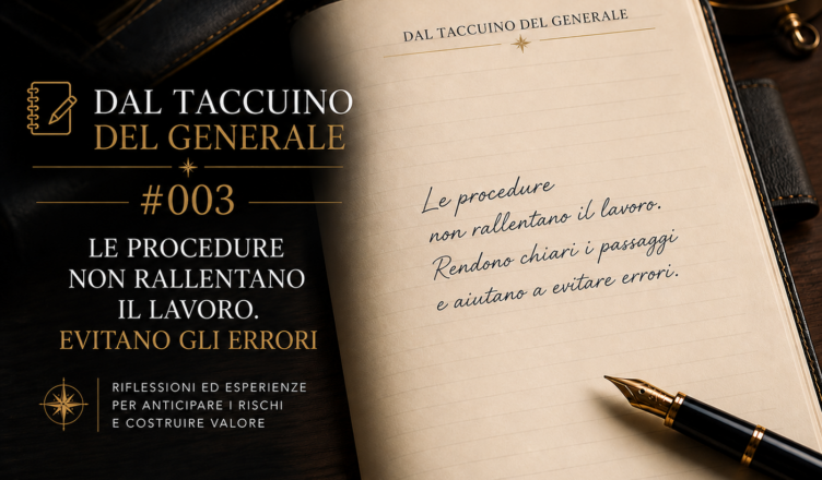 Copertina della puntata #003 del Taccuino del Generale dedicata al valore delle procedure nella prevenzione degli errori organizzativi.